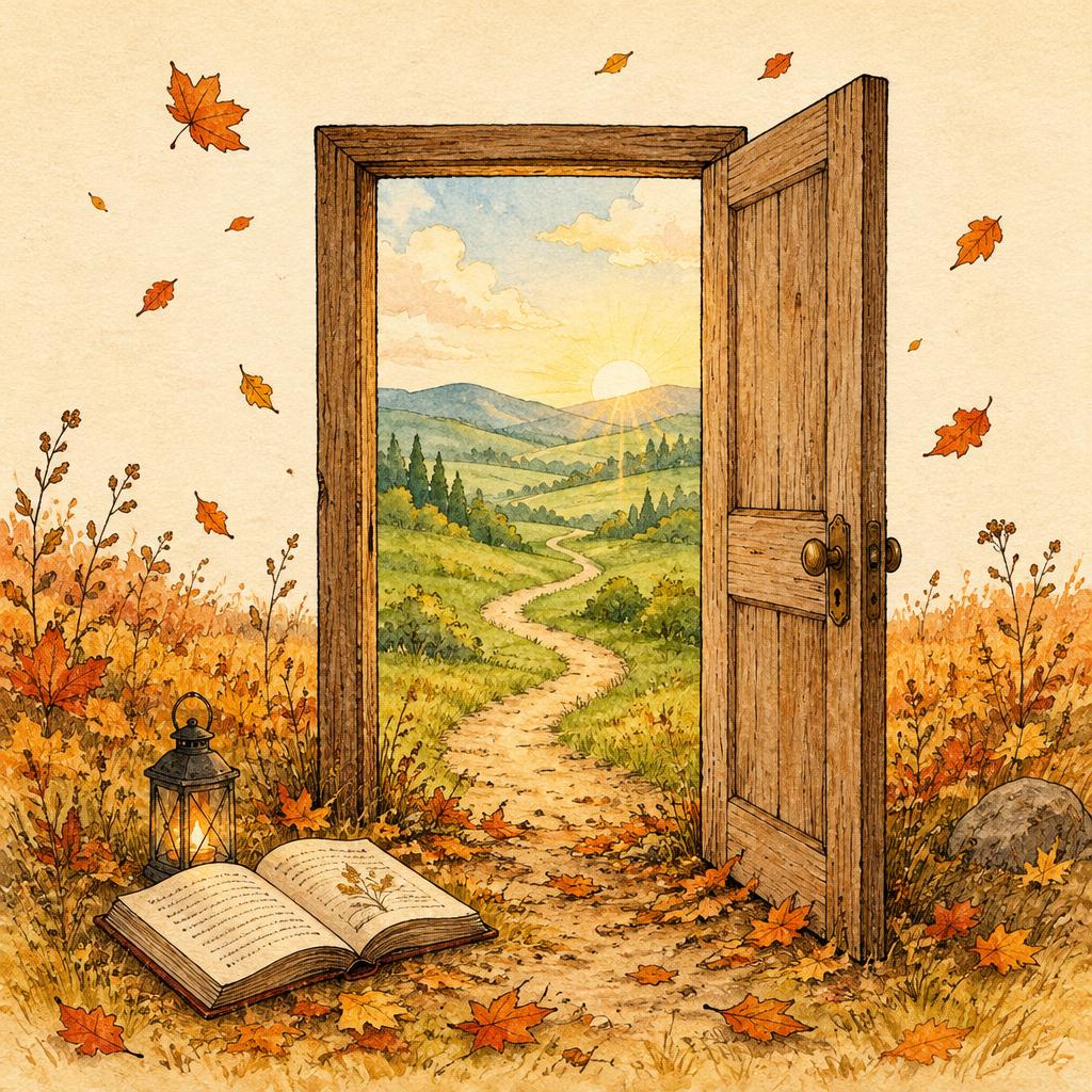Puerta abierta hacia un camino al amanecer