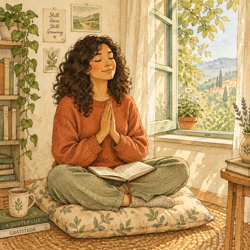 Mujer en calma orando junto a una ventana